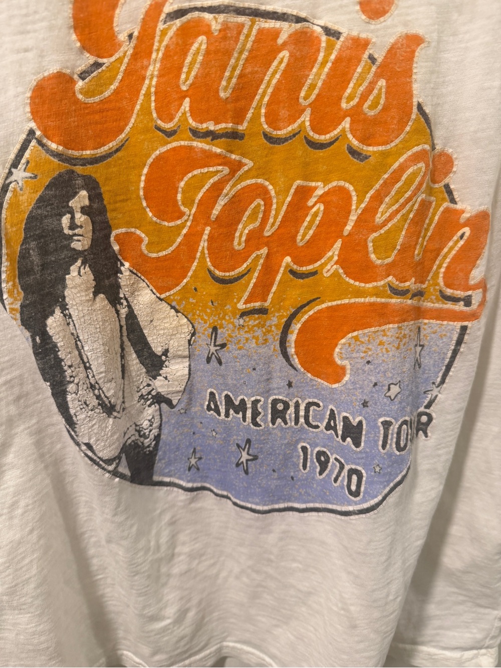 Lucky Brand White Tee with Orange & Yellow Janis Joplin Graphic